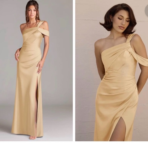 Azazie Dresses & Skirts - Gold One-Shoulder Satin Formal Gown w/ Slit – NWT